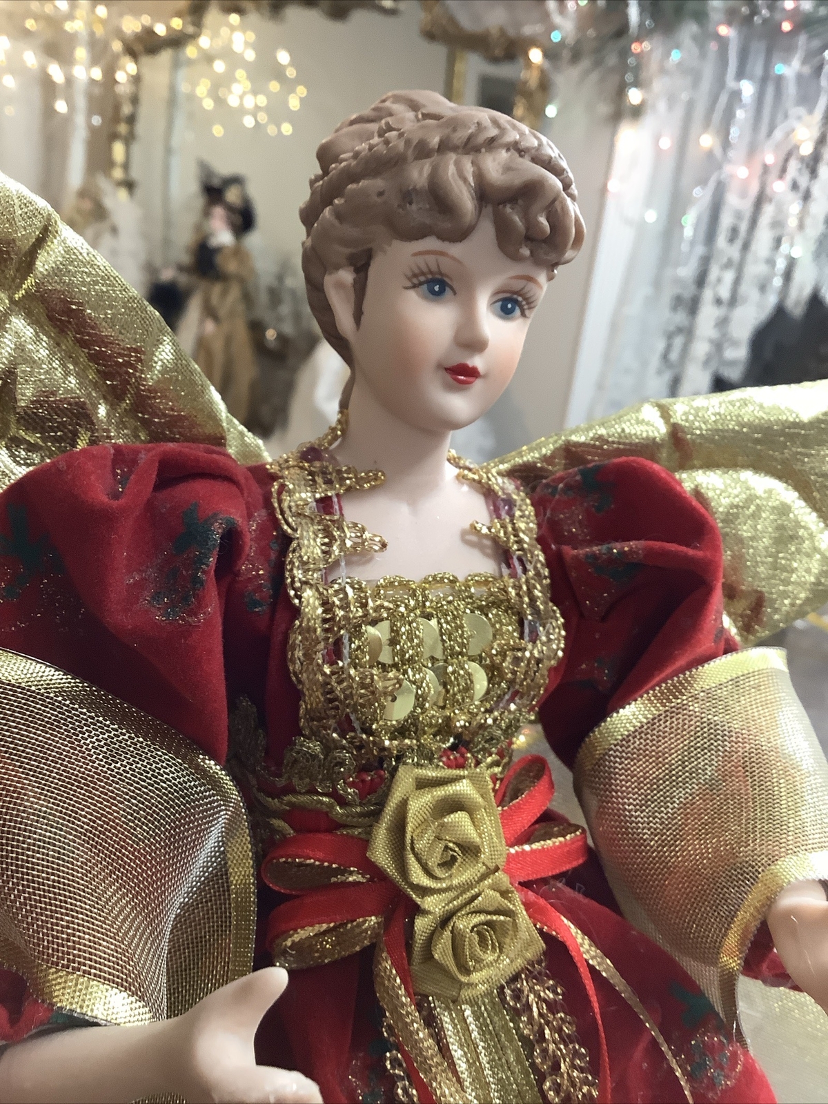 Vintage Victorian Christmas Angel Tree Topper Red And Gold Roses Wings