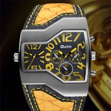 Oulm Men's Sports Military Dual Time Zone Dial Yellow Leather Quartz Wrist Watch