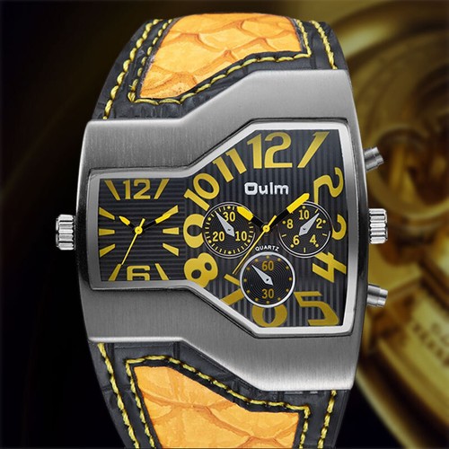 Orologio da polso uomo Oulm sportivo militare doppio fuso orario quadrante pelle gialla quarzo - Foto 1 di 10