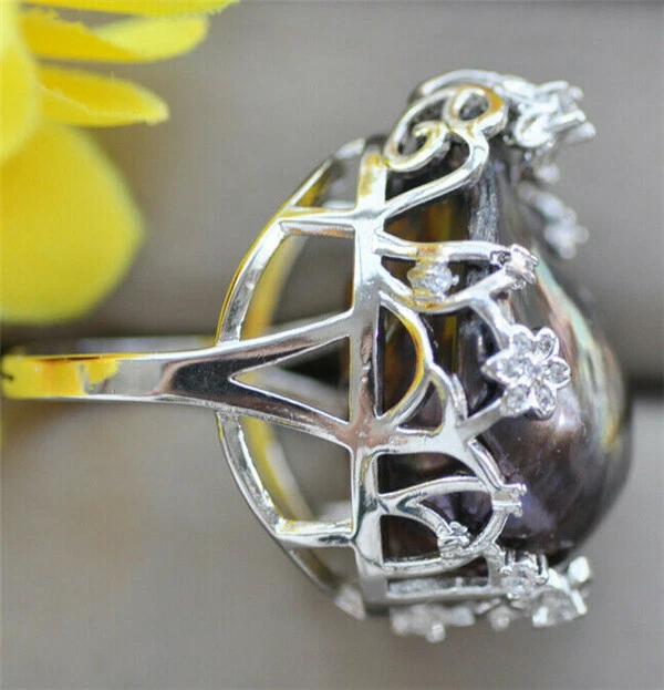 Grande anel de pérola Keshi barroco preto pavão 30 mm CZ - Imagem 3 de 3