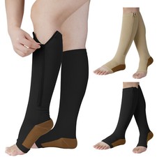 2 Pairs Knee High Compression Stockings with Zipper for Leg Pain Relief