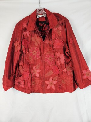 Vintage Anage 100% Silk Red Beaded Embroidered Floral Zip Jacket Plus ...