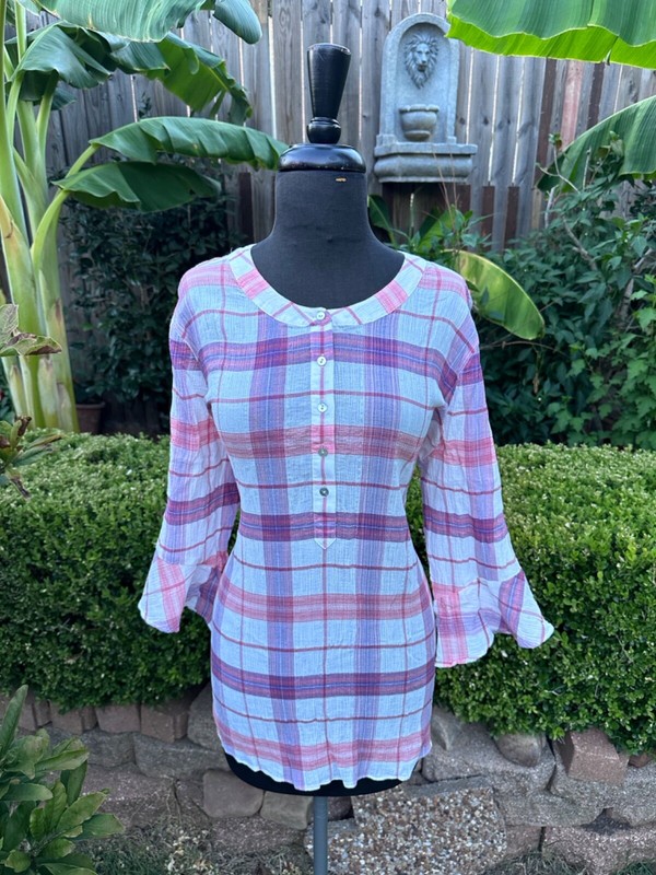 WESTBOUND Crinkle Gauze Tunic Sz L Blouse Bell Sleeve Top Anthropologie J Crew