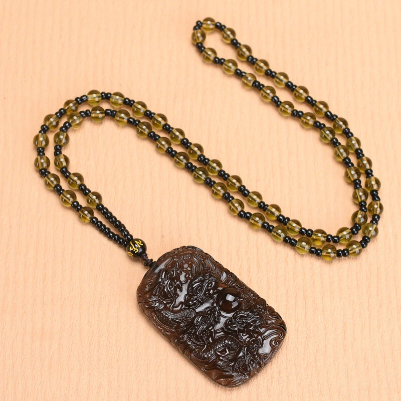 Натуральный лед обсидиан нефрит подвеска с бисером шнур ожерелье дракон подвеска драгоценный камень - Изображение 3 из 4