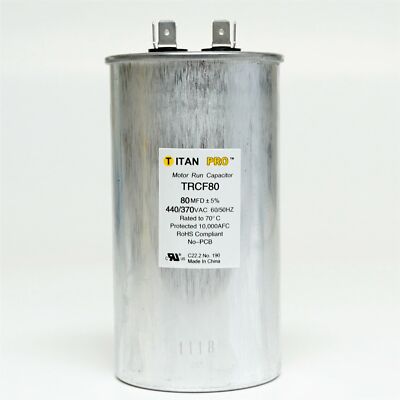 TitanPro TRCF80 HVAC Round Dual Run Capacitor - 80 MFD/UF, 440/370 Volts, For AC Units & Heat Pumps