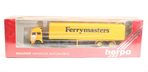Cabina Iveco HERPA HO escala 1/87 con remolque cubierto Ferrymasters amarillo #813001 | Zustand: New