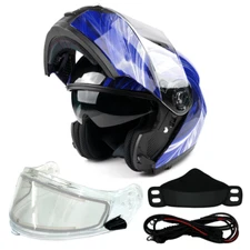 Blue Adult Modular Flip Up Snowmobile Helmet w/ Dual Lens Heated Shield DOT