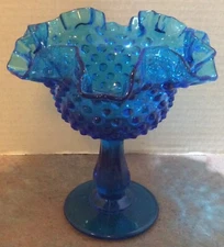Fenton Blue / Aquamarine Hobnail Ruffled Pedestal Compote Candy Dish