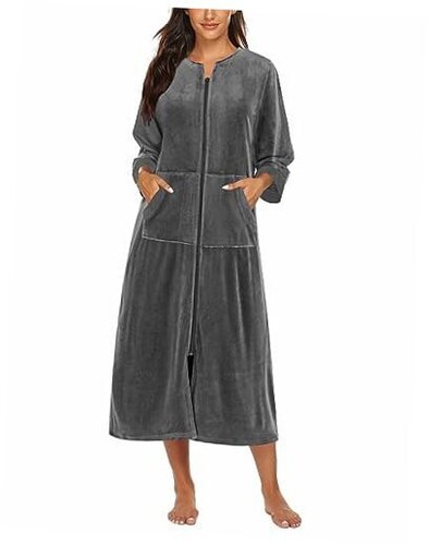 Robe for Women Velour Zipper Robe 3/4 Sleeves Housecoat XX-Large Velour-grey