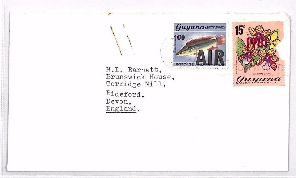 RECARGO GUYANA *100 AIR* en cubierta de correo aéreo comercial 6c Devon 1982 XX66 Foto 2 de 3