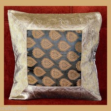 GRAY  BLACK SILK PRINT CENTER BROCADE PILLOW COVER/CUSHION COVER FROM INDIA 