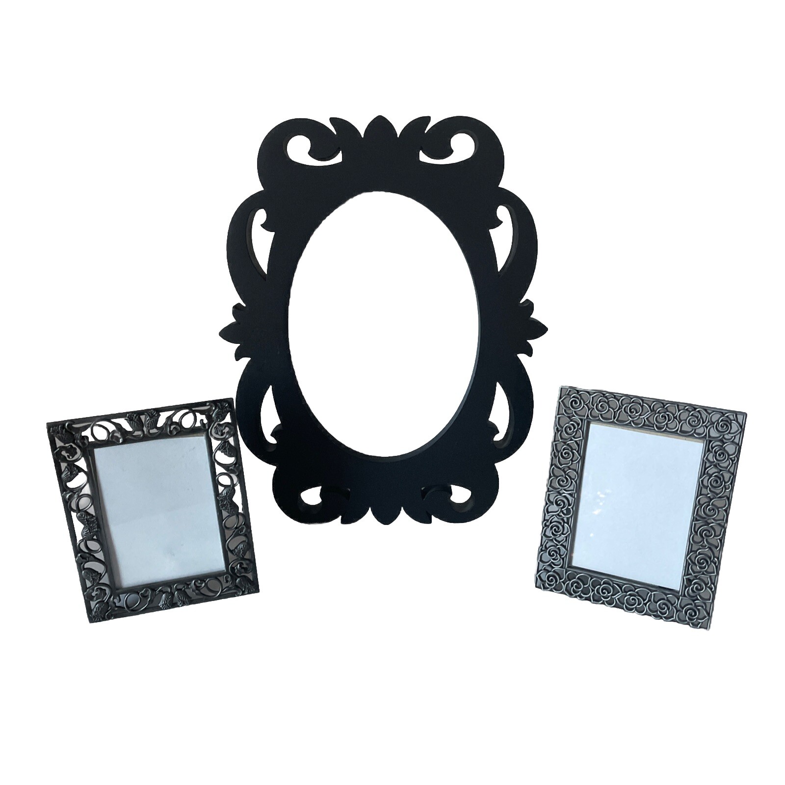 Set of 3 Vintage Picture Frames: Metal Rose, Metal Tulip, Black Wood Frame-image