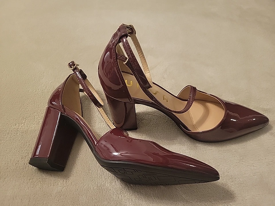 Unisa 勃艮第漆皮踝带高跟鞋 6M 码粗跟  — 第 3/4 张图片