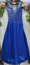 Blue Formal Dress Prom Gown Floor Length Aline Silver Sequin Sleeveless Size 14