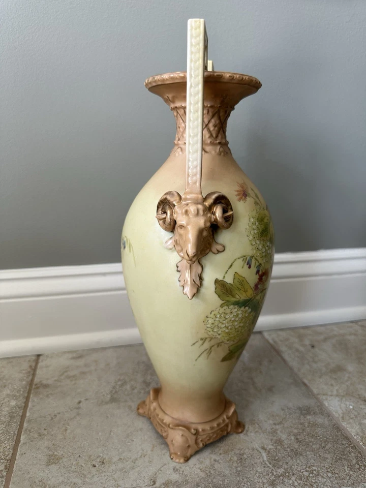 RW Rudolstadt Germany Antique Porcelain Vase with Handles Floral Green Yellow - Image 3 of 4