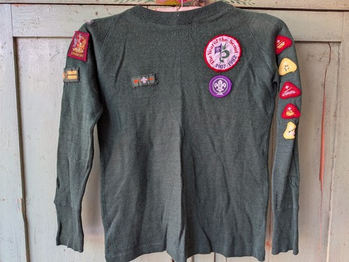 Cub Scout Jumper 1980s Vintage with Sewn On Badges Uniform Green Prop Bukta 71cm