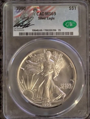 1990 American Silver Eagle .999 Silver ASE MS69 CAC Signed - CAC