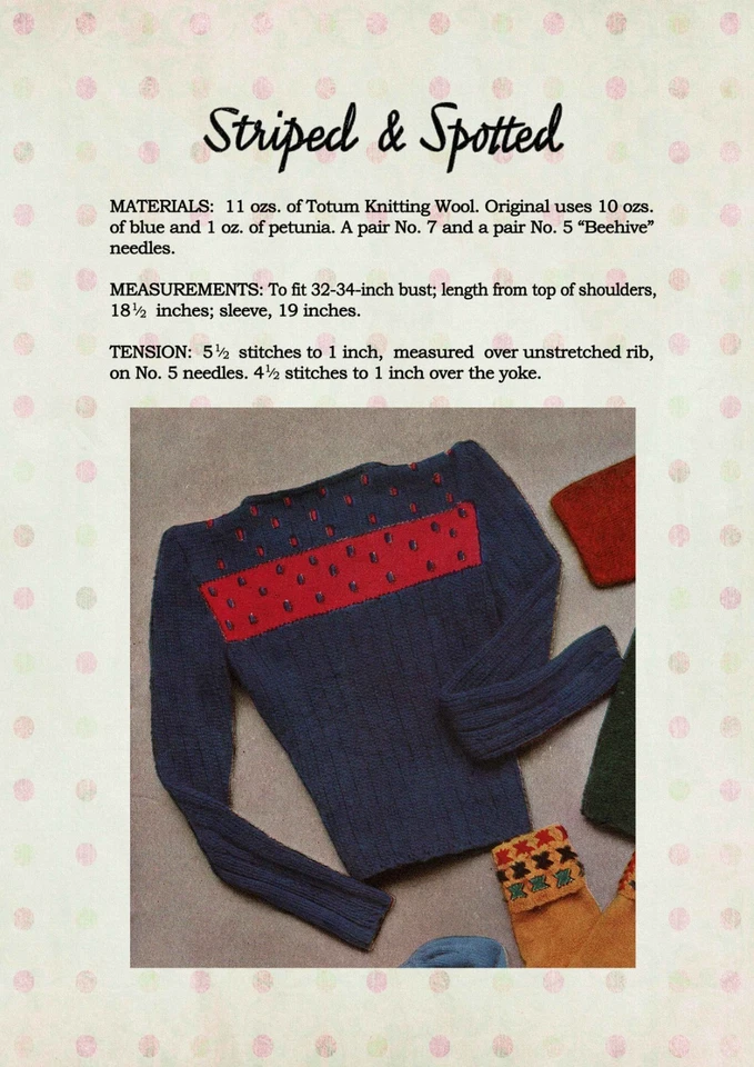 1940's Striped Sweater with Embroidered Spots Knitting Pattern Bust 33-34 - Image 2 of 2