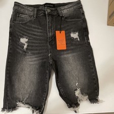 RISEN High Rise Distressed Bermuda Denim Shorts Washed Black L RDS1303