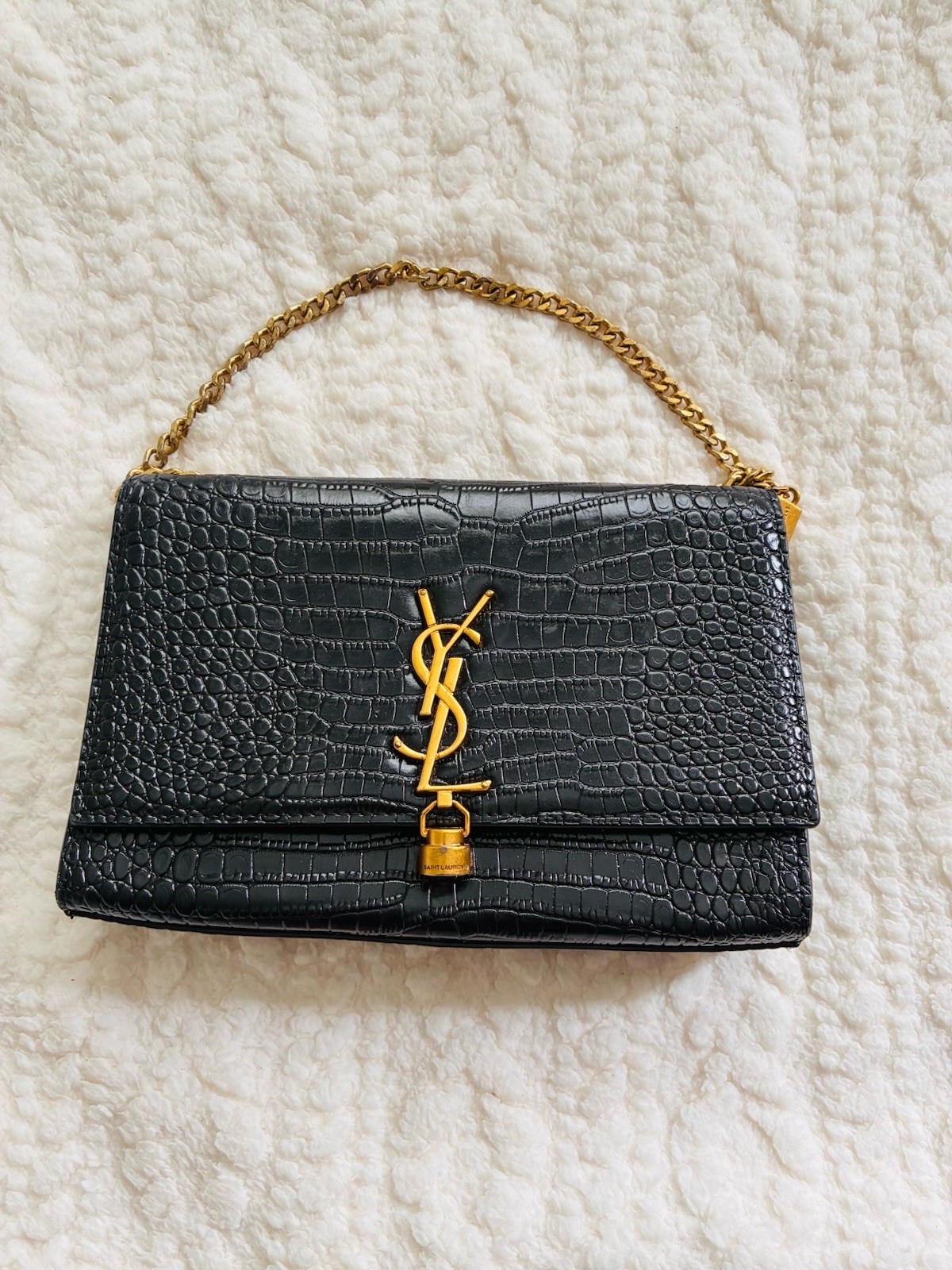 Saint Laurent Black Croc Embossed Shoulder Bag Gold Chain Magnetic Pockets