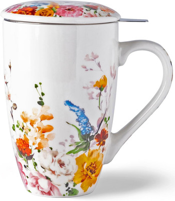 Tea Mug with Infuser and Lid, 18 Ounce Large Ceramic Loose Leaf Tea Cup, Microwa
