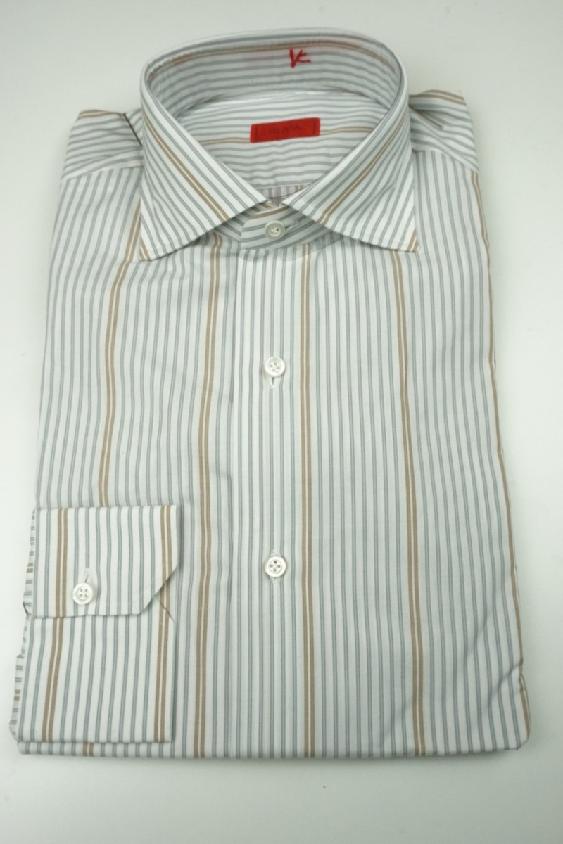 Isaia Gray Cedar White Striped Long Sleeve Cotton Dress Shirt 15.5