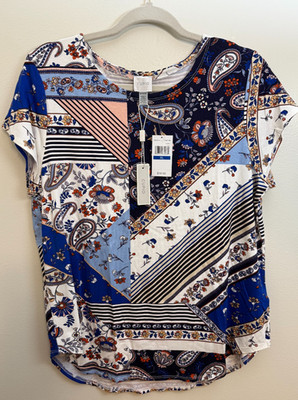 NWT Cupio Womens XL Top Blue multi-color, cap sleeve, 100% Viscose, soft fabric