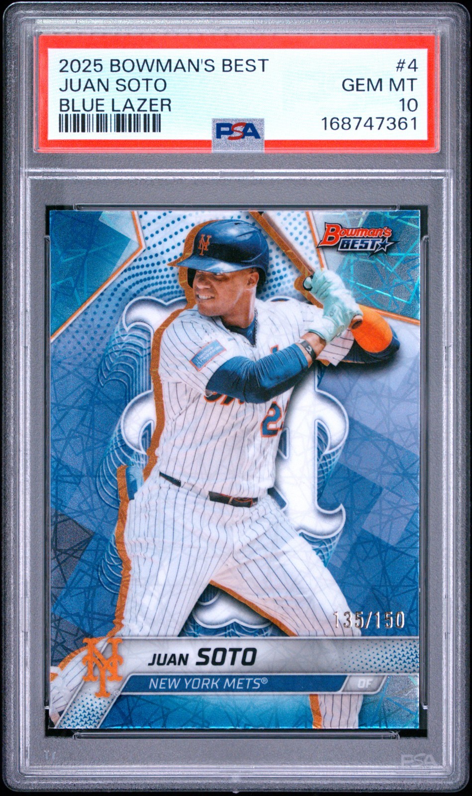 Juan Soto - 2025 Bowman's Best Blue Lazer Refractor PSA 10 #135/150 view 1