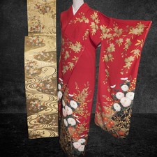 Furisode Kimono Set with Obi  Long Undergarment - Floral Design, Used