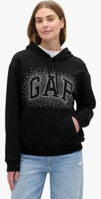 NWT GAP Womens Sparkle Logo Hooded Sweatshirt Size L Black Shine 