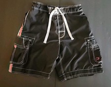 OP Swim Shorts, Men Size Med, Whitish, Black Red, Lined, Drawstring, Preowned