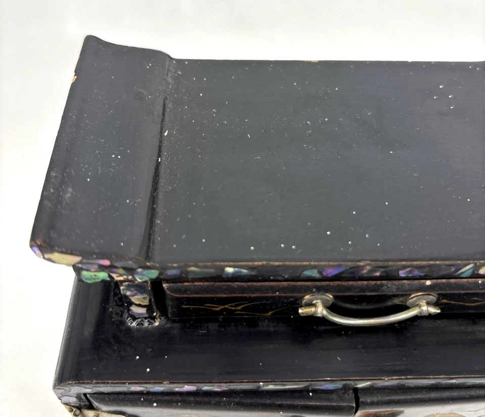 Antique Japanese Jewelry Box Black Lacquer With Gold Opal 5 Drawer Chest READ* - Image 4 of 4