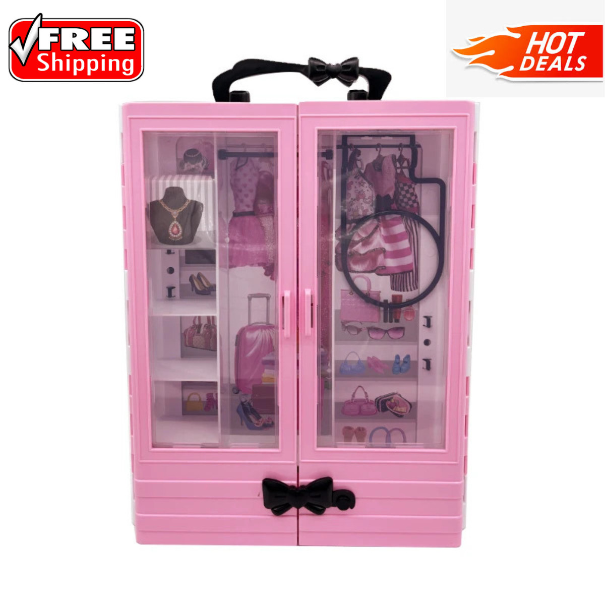 Barbie Doll Pink Wardrobe Closet Playset with 10 Pcs Hangers