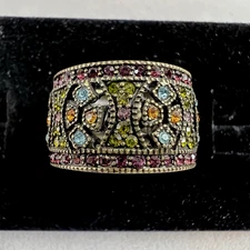 Heidi Daus Wide Band Multicolor Rhinestone Statement Ring Sz 6.75 SeeDescription