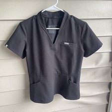 Figs Technical Three-Pocket Scrub Top V Neck Black Womens Small Career Nurse