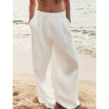 Zara White High Waist Wide Leg Rustic Trousers Pleated 75 Ramie M