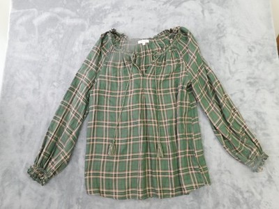 Max Studio Blouse Womens Medium Green Plaid Peasant Boho Top Ruffles