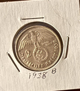 1938 B Nazi Coin Eagle with Swaztika 2 reichsmark from third reich era