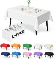 12-Pack White Plastic Tablecloths   54 x 108 Inch Disposable Table Covers