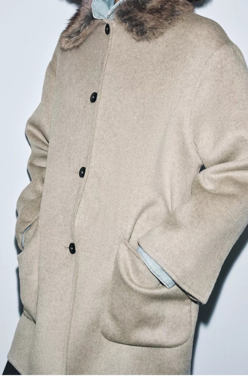 ZARA WOOL COAT WITH FAUX FUR COLLAR ZW CAMEL NEW XS-XL FW25/26 REF