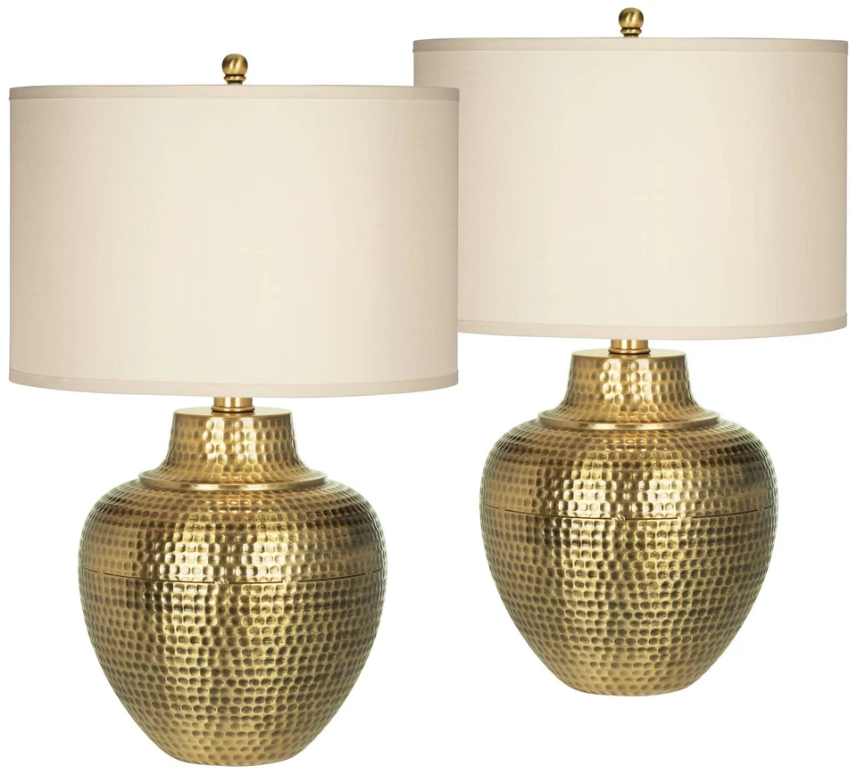 Farmhouse Table Lamps 27" Tall Set of 2 Antique Brass Hammered Metal for Bedroom - Image 2 of 4