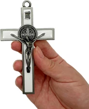 Antique Silver Crucifix Wall Cross-St. Benedict Metal Wall Art-5.0 Inchx2.7 Inch