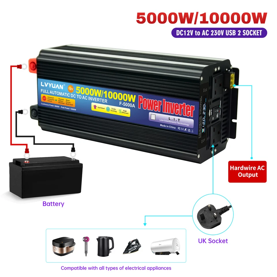 5000W 10000W Power Inverter DC 12V to AC 240V Converter USB 2AC Remote Control - Image 4 of 4