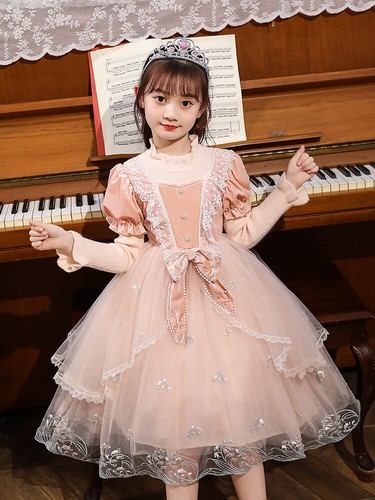 Cute Girl Princess Dress Sweater Velour Mesh Lace Splicing Bow Puff Sleeve Dress - Picture 14 of 26