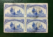 Scott 233 4c Columbian Ultramarine USED BLOCK OF 4 Extremely Fine Scarce (1893)