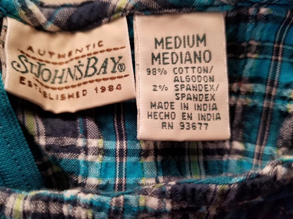 St John's Bay Womens Shirt Top Blouse Size M Medium Blue Green White Plaid - Image 2 of 3