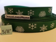 Grosgrain Ribbon Snowflakes on Green Christmas Holiday Scene Sleigh Riding 5/8"