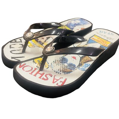 BRIGHTON Black Rhinestones FLIP FLOPS Sandals Platform Fashion Mode 