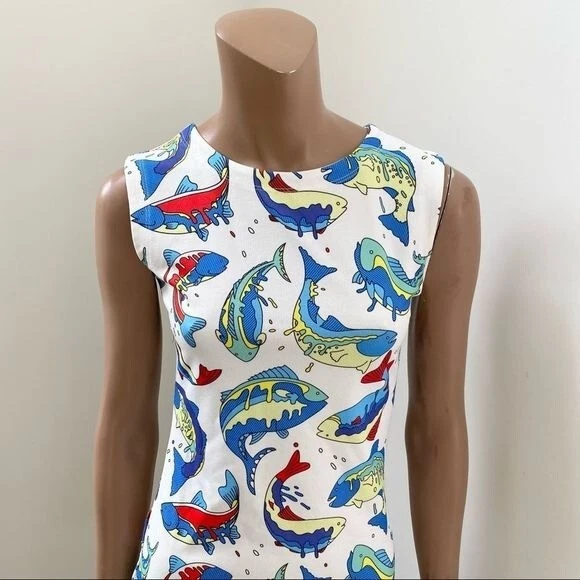 KENZO Paris Mini Abito Crepe Bianco Stampa Pesce S