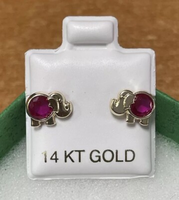 Ohrstecker 14 Karat massiv Gelbgold Elefant roter Stein mit Sicherheitsrücken